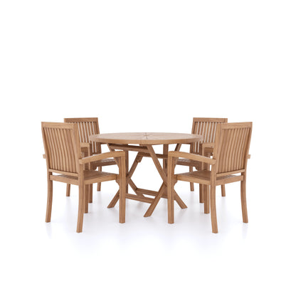 Teak Set 120cm Sunshine Round Folding Table with 4 Henley Stacking Chairs