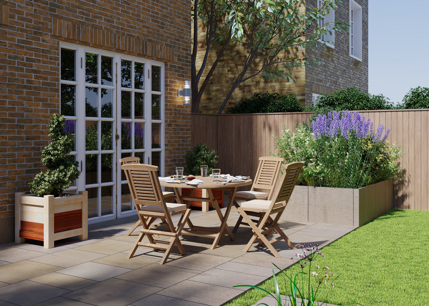 Teak Set 120cm Spiral Folding Table with 4 Folding Chairs