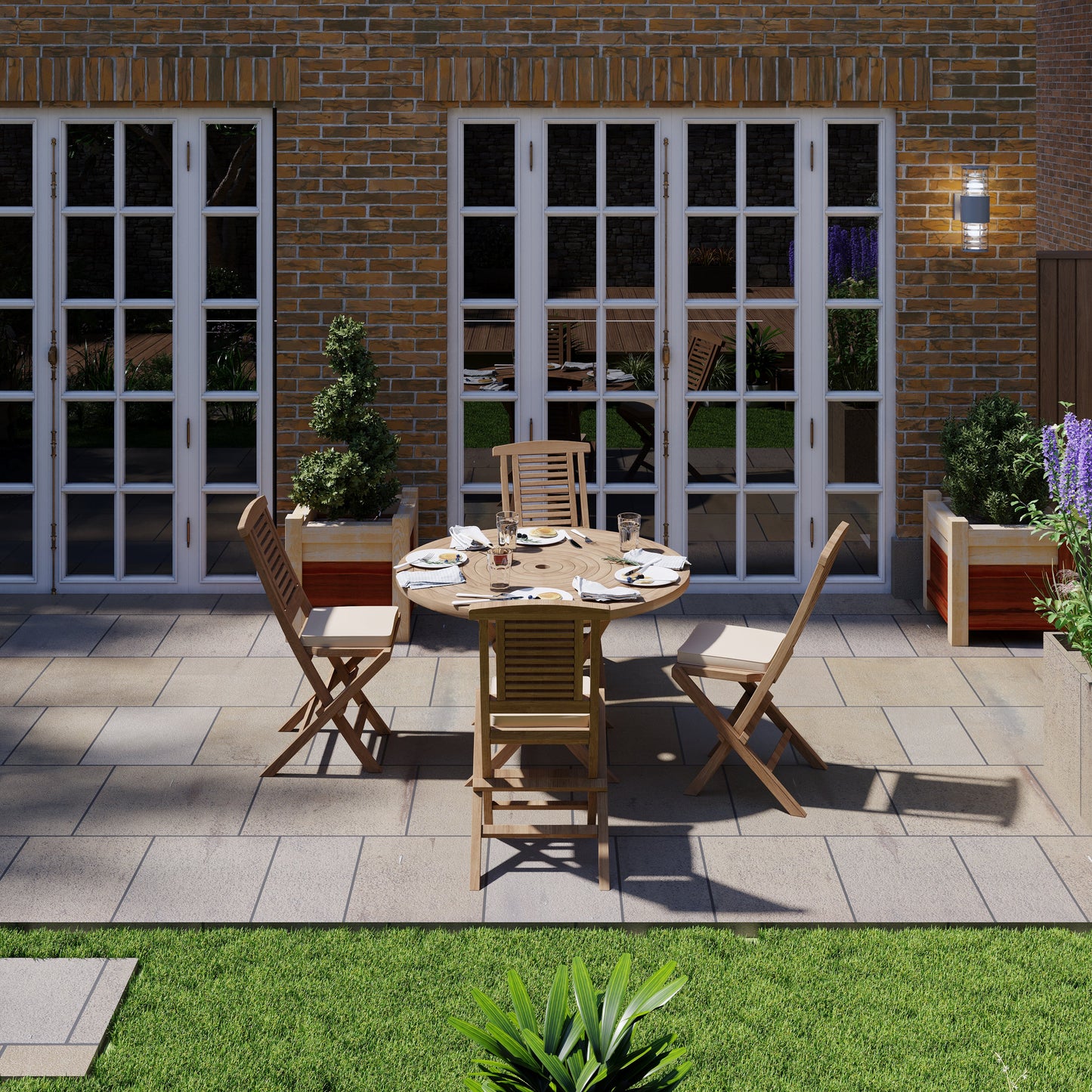 Teak Set 120cm Spiral Folding Table with 4 Folding Chairs