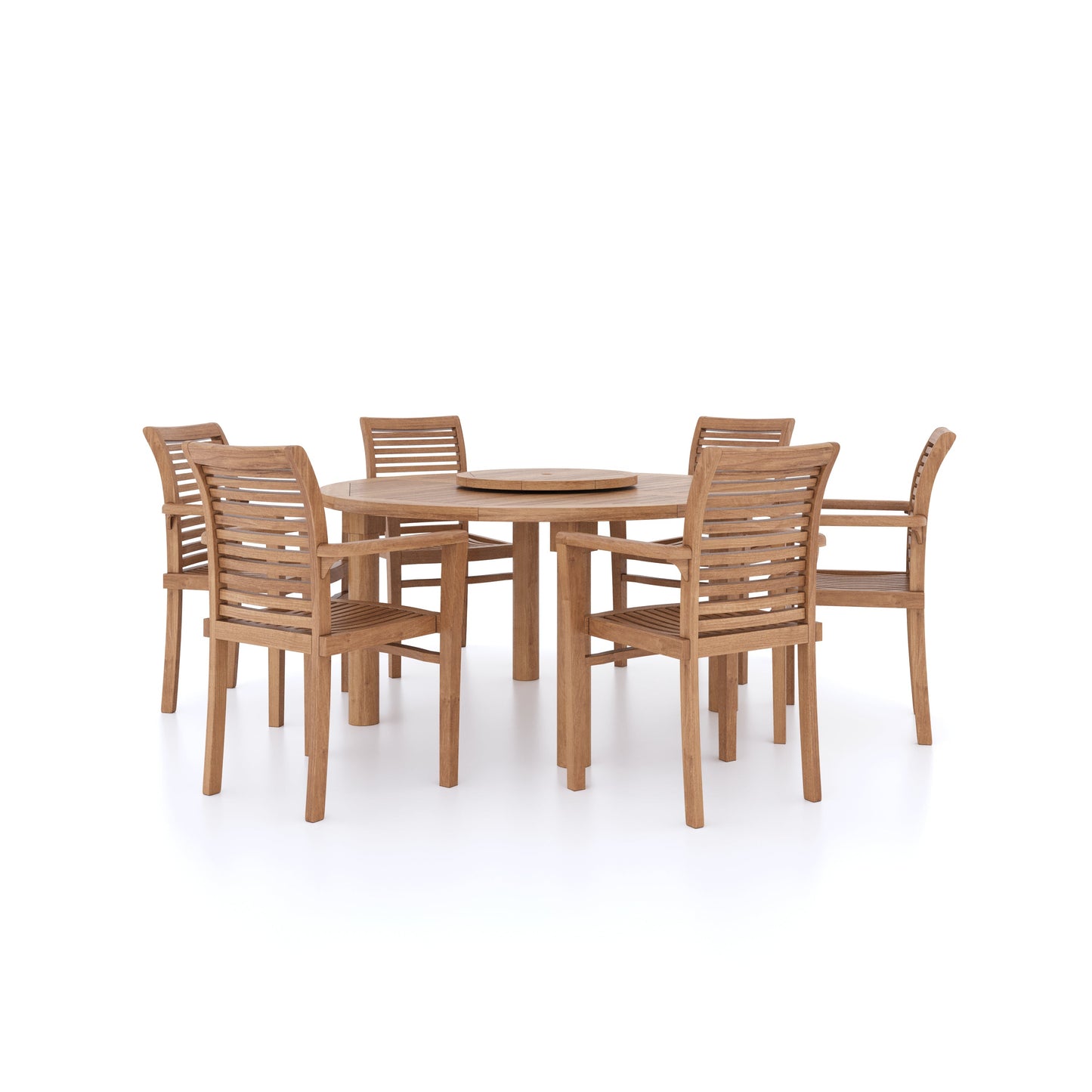 Teak Set 150cm Maximus Round Table, 4cm Top (6 Oxford Stacking Chairs) Cushions included.