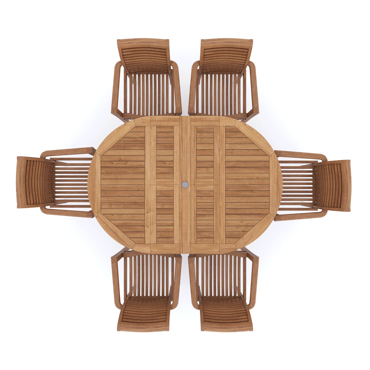 Teak Round to Oval 120-170cm Extending Table, 4cm Top (6 Oxford Stacking Chairs) cushions included.