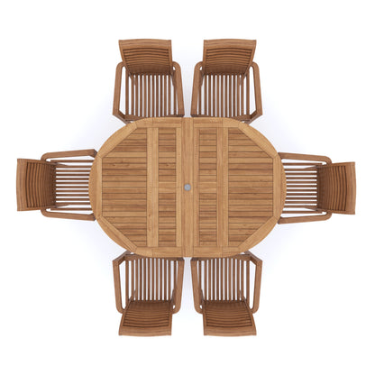 Teak Round to Oval 120-170cm Extending Table, 4cm Top (6 Oxford Stacking Chairs) cushions included.