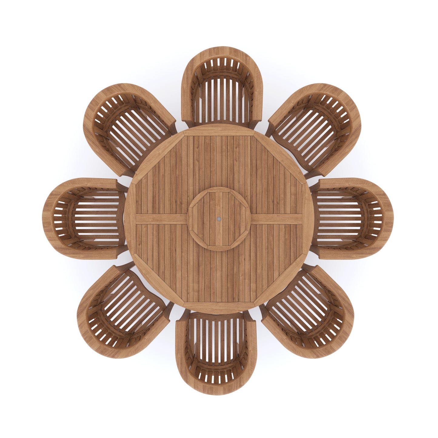 Teak Set 180cm Maximus Round Table 4cm Top (8 San Francisco Chairs) Cushions included.