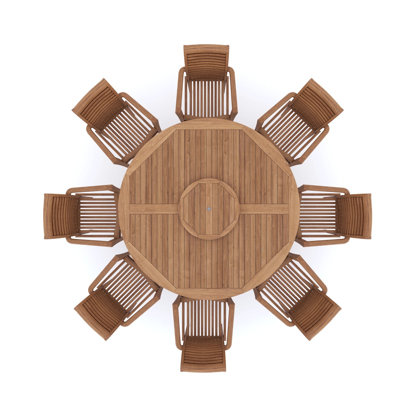 Teak Set 180cm Maximus Round Table 4cm Top (8 Oxford Stacking Chairs) Cushions included.