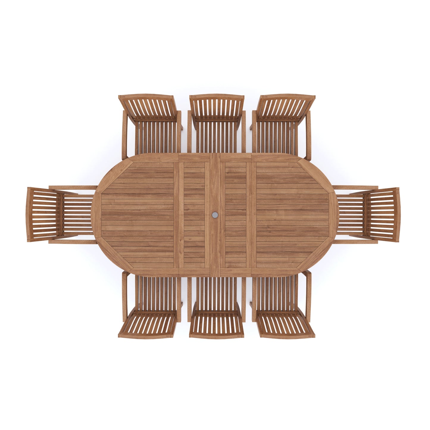 Teak Oval 180-240cm Extending Table with 8 Henley Stacking Chairs Cushions Included.