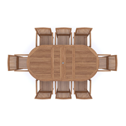 Teak Oval 180-240cm Extending Table with 8 Henley Stacking Chairs Cushions Included.