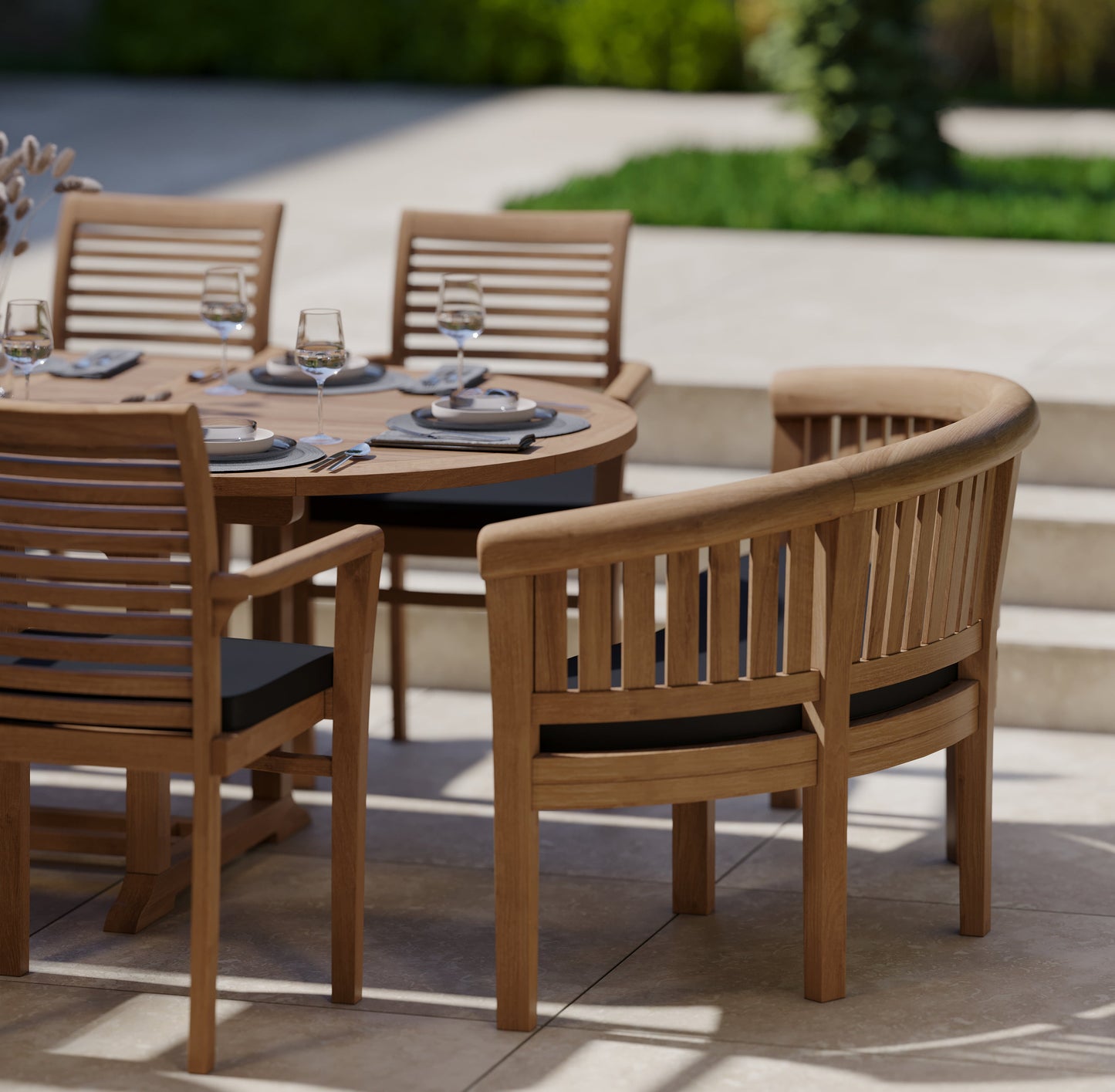 Teak 180-240cm Oval Extending Table 4cm Top (6 Oxford Stacking Chairs 2 San Francisco Benches) Cushions included.