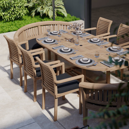 Teak 180-240cm Oval Extending Table 4cm Top (6 Oxford Stacking Chairs 2 San Francisco Benches) Cushions included.