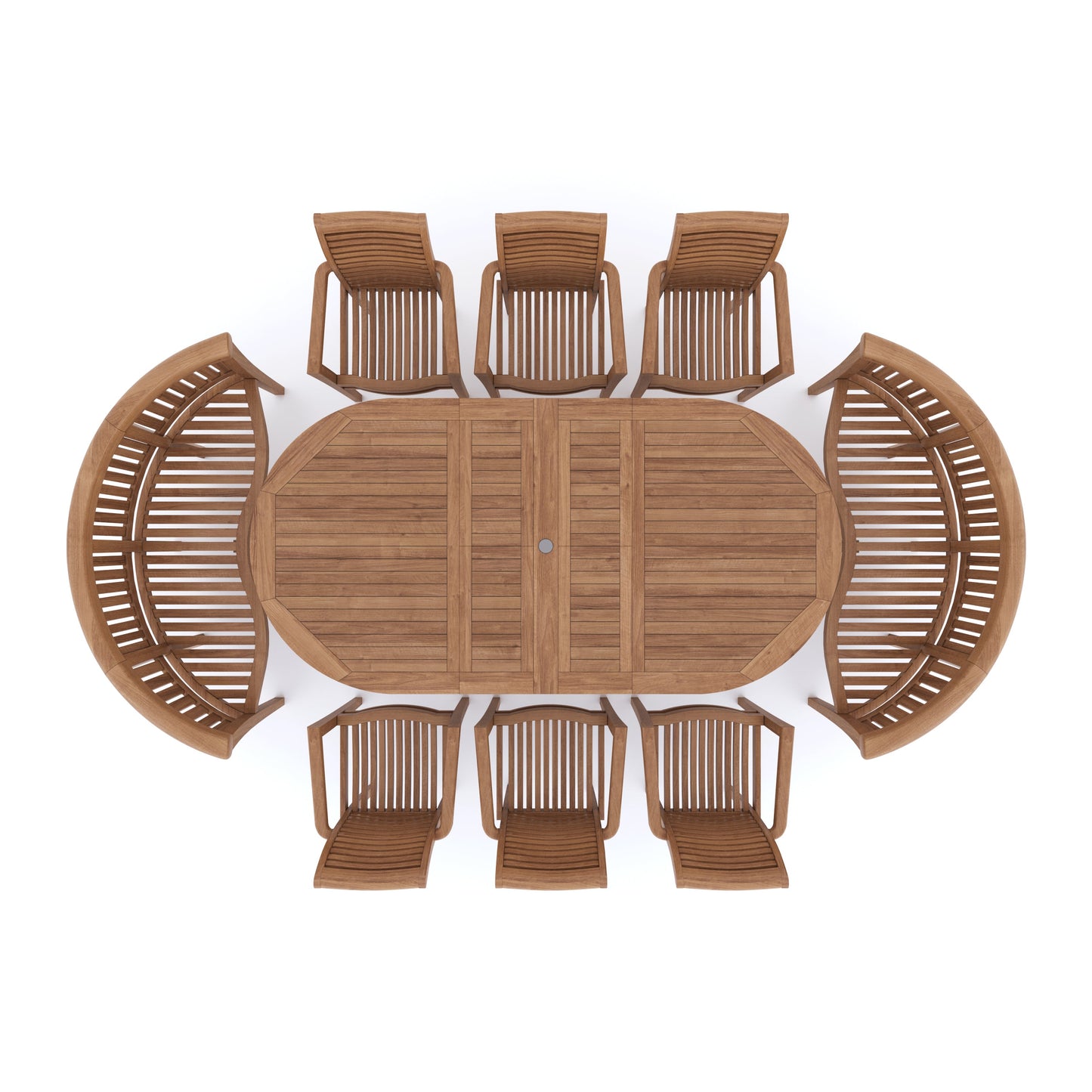 Teak 180-240cm Oval Extending Table 4cm Top (6 Oxford Stacking Chairs 2 San Francisco Benches) Cushions included.