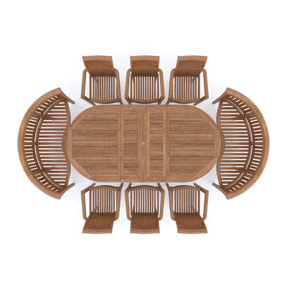 Teak 180-240cm Oval Extending Table 4cm Top (6 Oxford Stacking Chairs 2 San Francisco Benches) Cushions included.