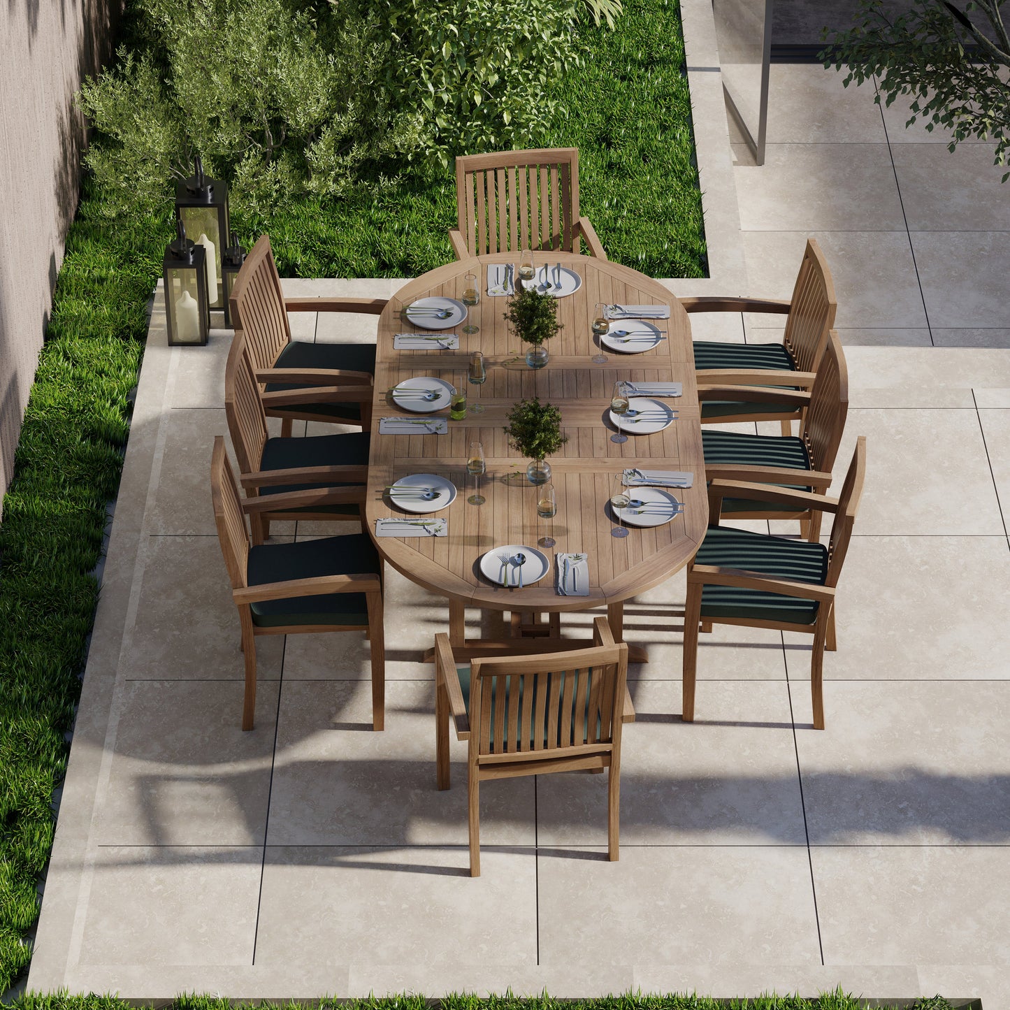 Teak Oval 180-240cm Extending Table with 8 Henley Stacking Chairs Cushions Included.