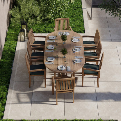 Teak Oval 180-240cm Extending Table with 8 Henley Stacking Chairs Cushions Included.