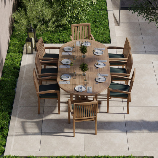 Teak Oval 180-240cm Extending Table with 8 Henley Stacking Chairs Cushions Included.