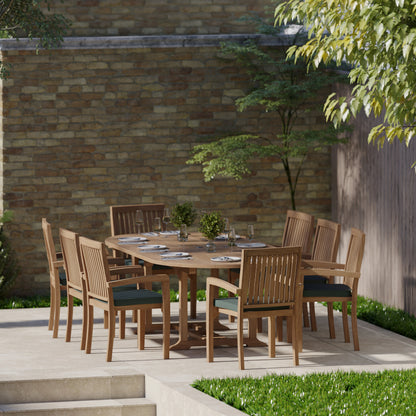 Teak Oval 180-240cm Extending Table with 8 Henley Stacking Chairs Cushions Included.