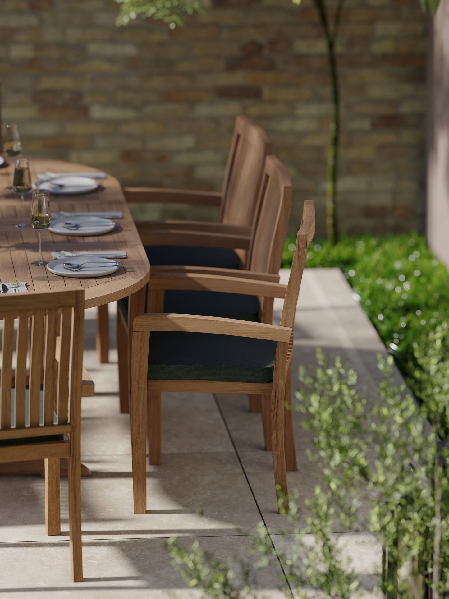 Teak Oval 180-240cm Extending Table with 8 Henley Stacking Chairs Cushions Included.
