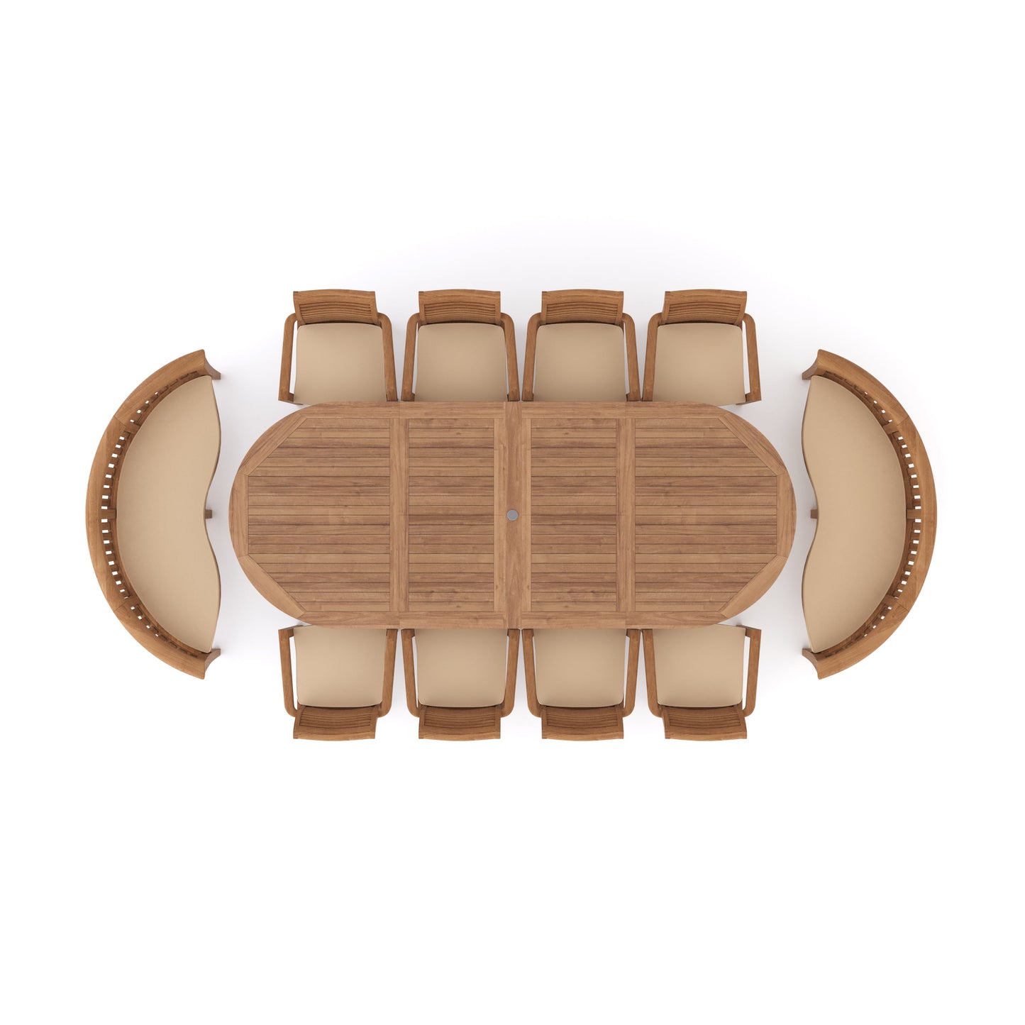 Teak Oval 2m to 3m Extending Table with 8 Oxford Stacking Chairs & 2 San Francisco Benches