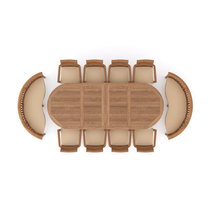 Teak Oval 2m to 3m Extending Table with 8 Oxford Stacking Chairs & 2 San Francisco Benches