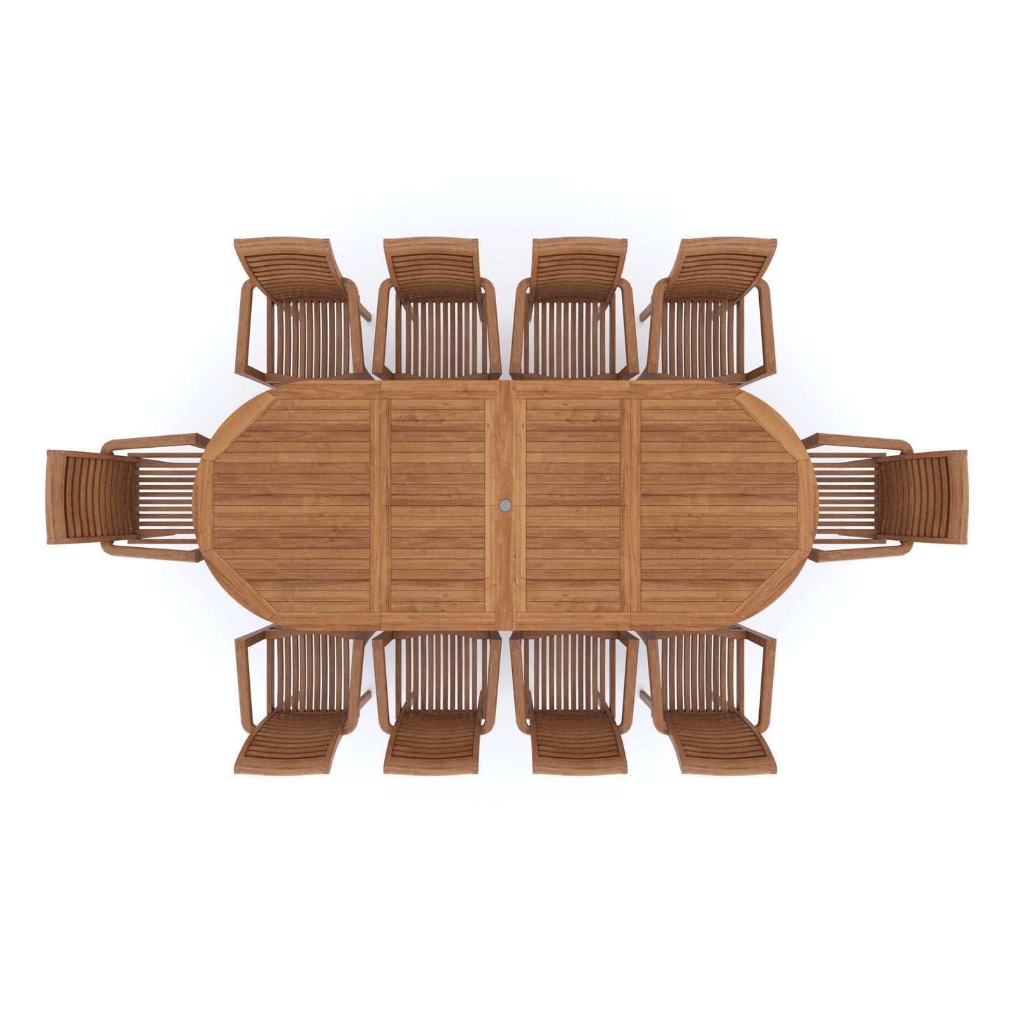 Teak 2-3m Oval Extending Table 4cm Top (10 Oxford Stacking Chairs) Cushions included.
