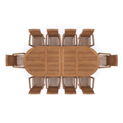 Teak 2-3m Oval Extending Table 4cm Top (10 Oxford Stacking Chairs) Cushions included.