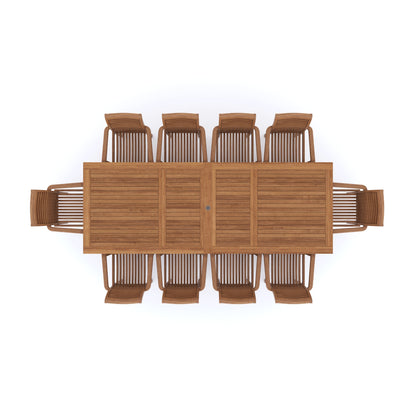 Teak Set 200-300cm Rectangle Extending Table 4cm Top (10 Oxford Stacking Chairs) Cushions included.