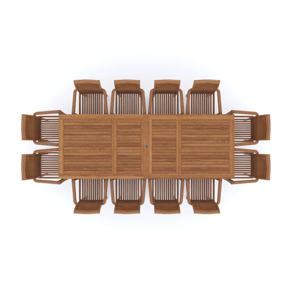Giant Teak Set 2-3m Rectangle Extending Table 12 Oxford Stacking Chairs