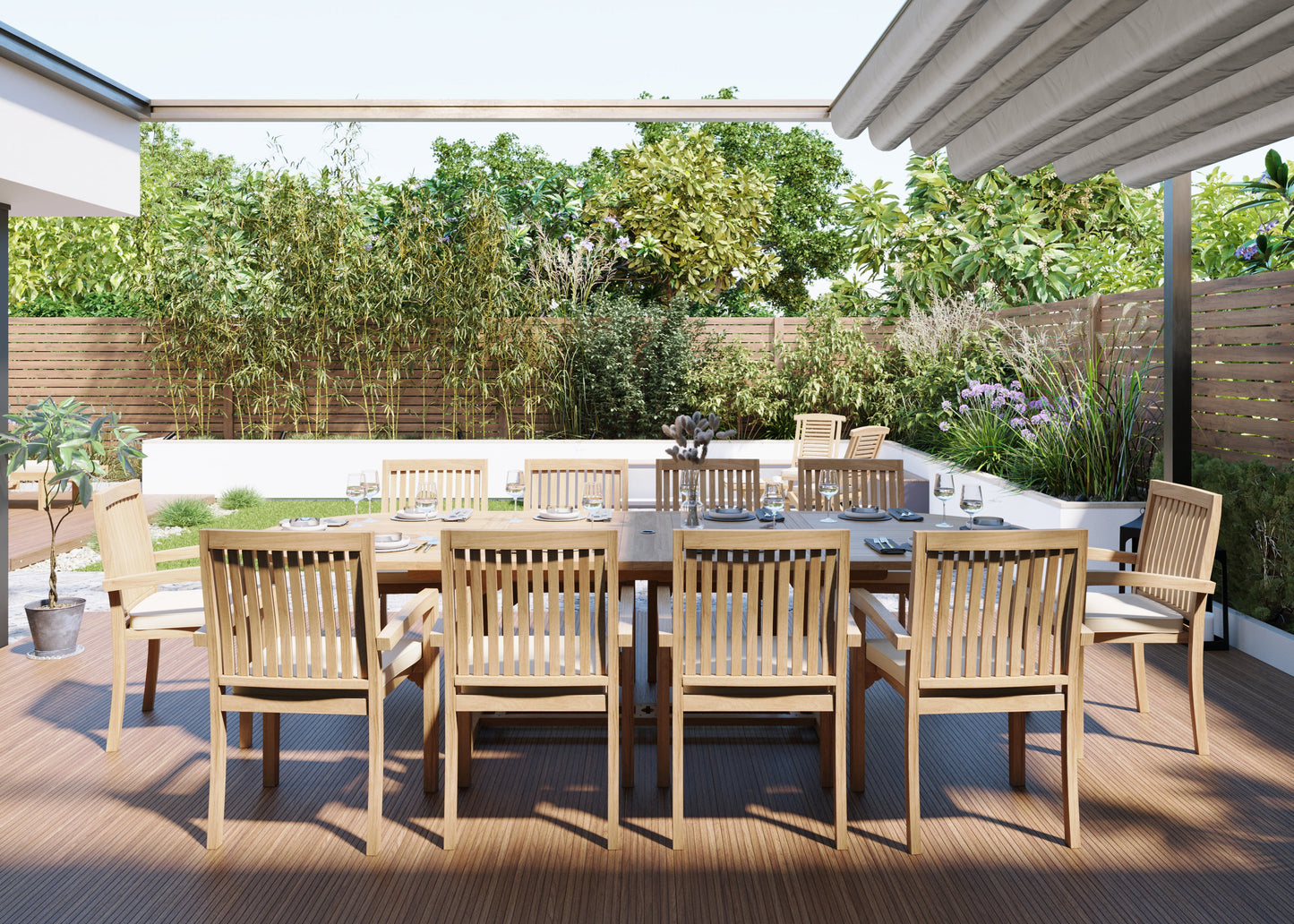 Teak 2m-3m Oval Extending Table with 10 Henley Stacking Chairs