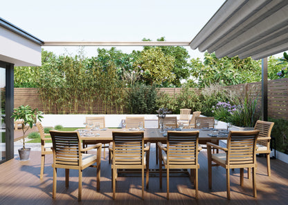 Teak Set 200-300cm Rectangle Extending Table 4cm Top (10 Oxford Stacking Chairs) Cushions included.