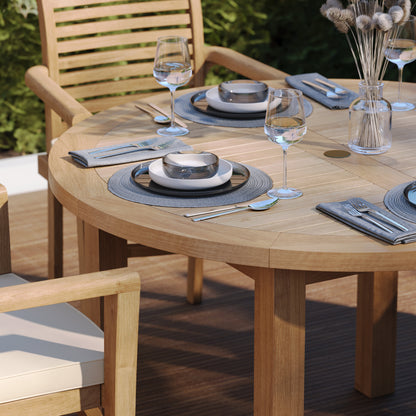 Teak Set 120cm Maximus Round Fixed Table, 4cm Top (4 x Oxford Stacking Chairs) Cushions included.