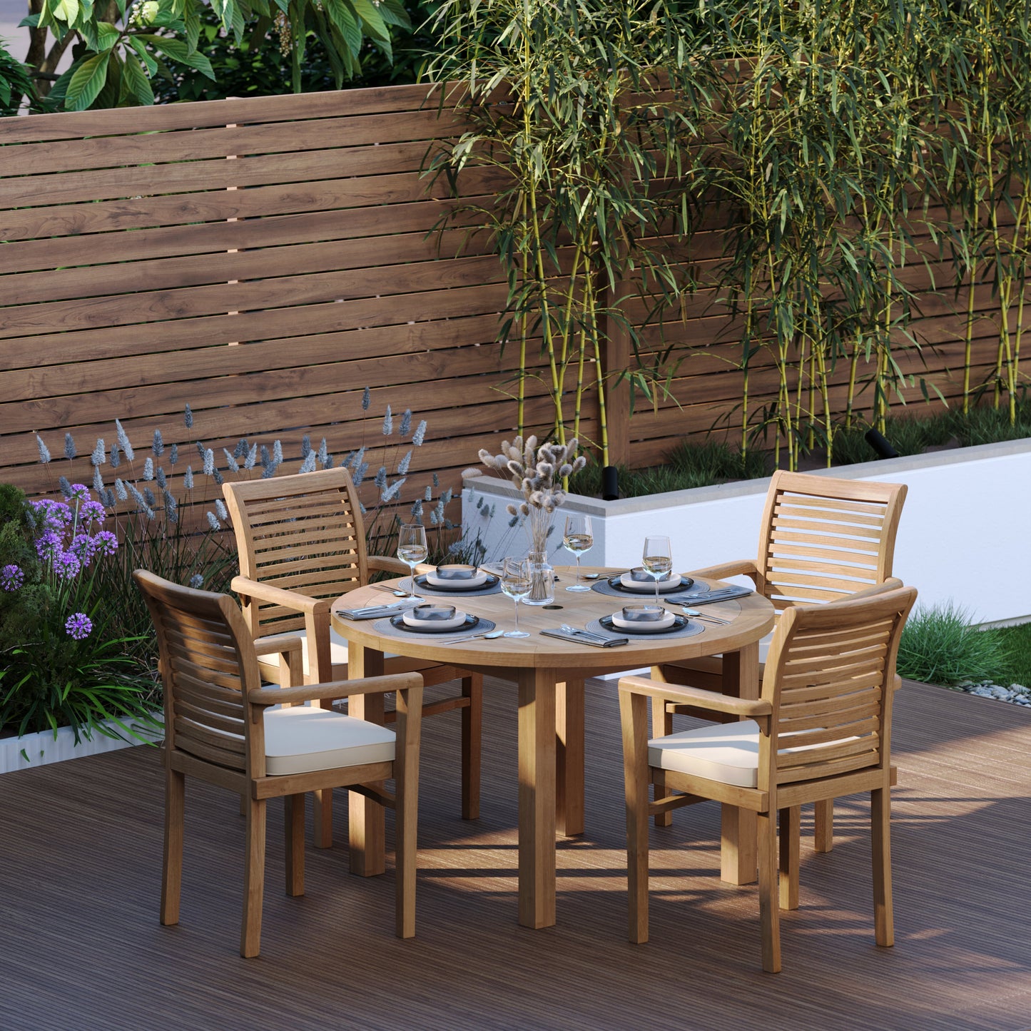Teak Set 120cm Maximus Round Fixed Table, 4cm Top (4 x Oxford Stacking Chairs) Cushions included.