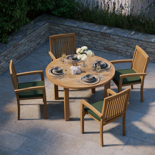 Teak Set 120cm Maximus Round Fixed Table, 4cm Top (4 x Henley Stacking Chairs) Cushions included.