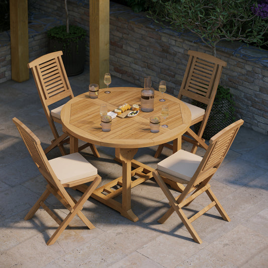Teak 120cm to 170cm Round to Oval Extending Table with 4 Hampton Folding Chairs