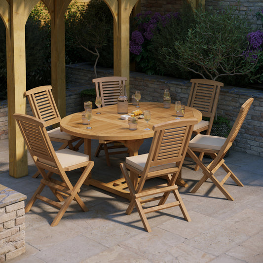Teak Round To Oval 120-170cm Extending Table 4cm Top (6 folding Hampton Chairs) cushions included.