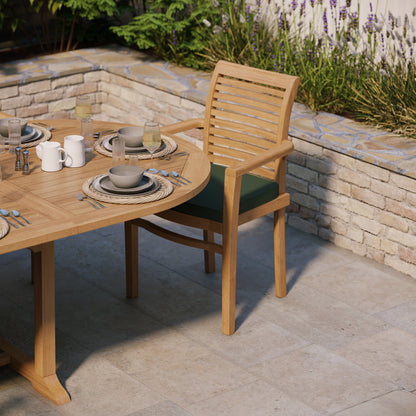 Teak 2-3m Oval Extending Table 4cm Top (10 Oxford Stacking Chairs) Cushions included.