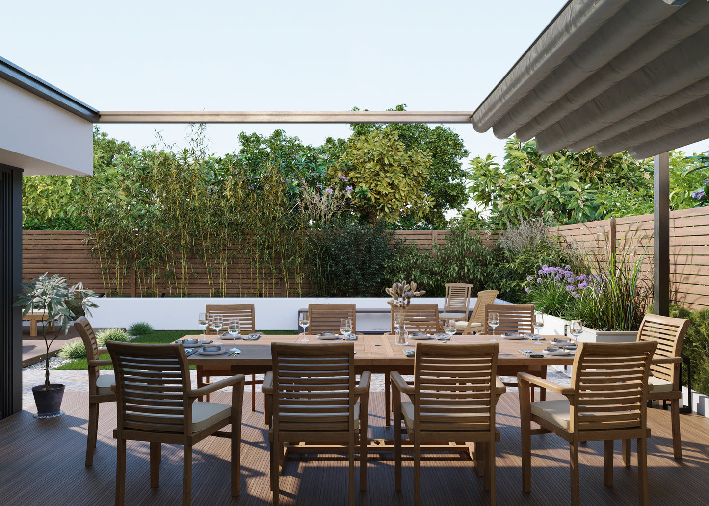 Teak Set 200-300cm Rectangle Extending Table 4cm Top (10 Oxford Stacking Chairs) Cushions included.