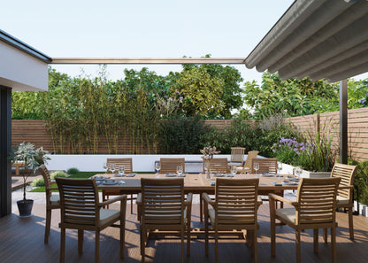 Teak Set 200-300cm Rectangle Extending Table 4cm Top (10 Oxford Stacking Chairs) Cushions included.