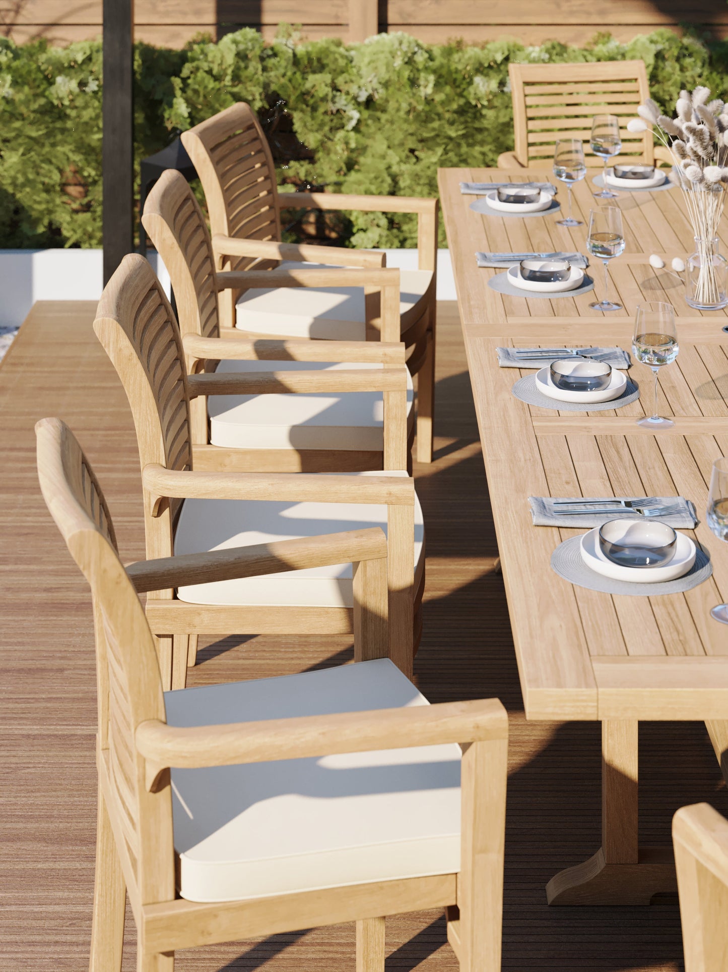 Teak Set 200-300cm Rectangle Extending Table 4cm Top (10 Oxford Stacking Chairs) Cushions included.