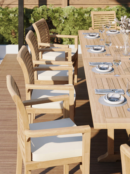 Teak Set 200-300cm Rectangle Extending Table 4cm Top (10 Oxford Stacking Chairs) Cushions included.