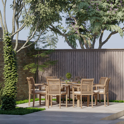 Teak Set 180cm Maximus Round Table 4cm Top (8 Oxford Stacking Chairs) Cushions included.