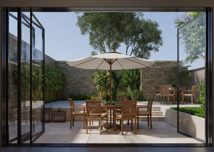 Teak Round to Oval 120-170cm Extending Table, 4cm Top (6 Oxford Stacking Chairs) cushions included.