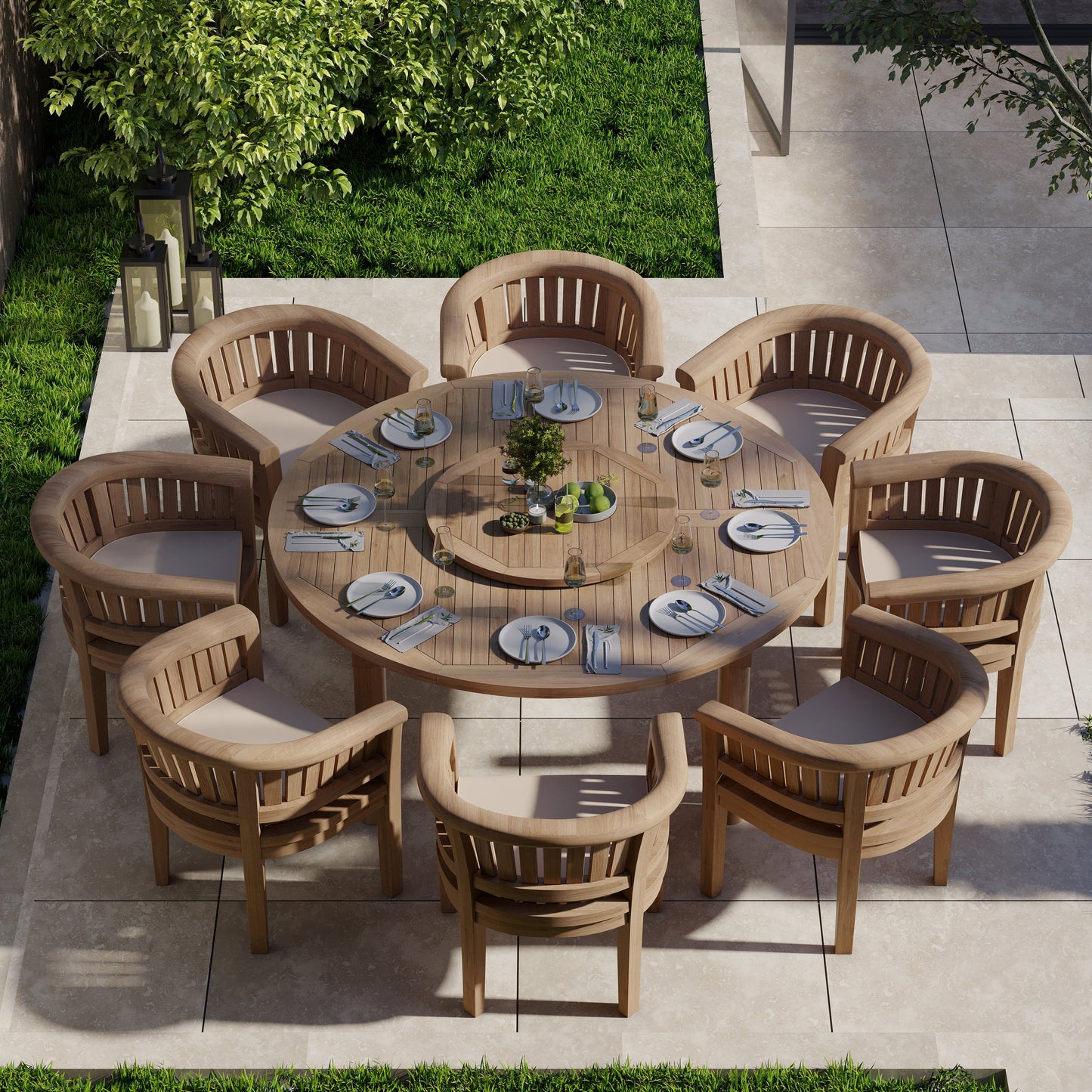 Teak Set 180cm Maximus Round Table 4cm Top (8 San Francisco Chairs) Cushions included.
