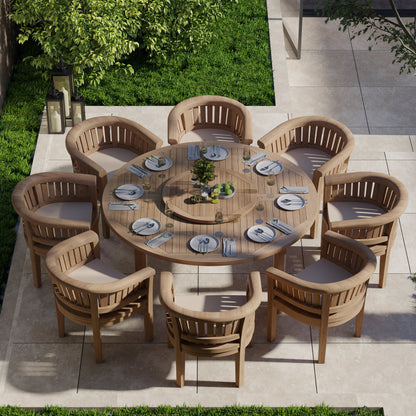 Teak Set 180cm Maximus Round Table 4cm Top (8 San Francisco Chairs) Cushions included.