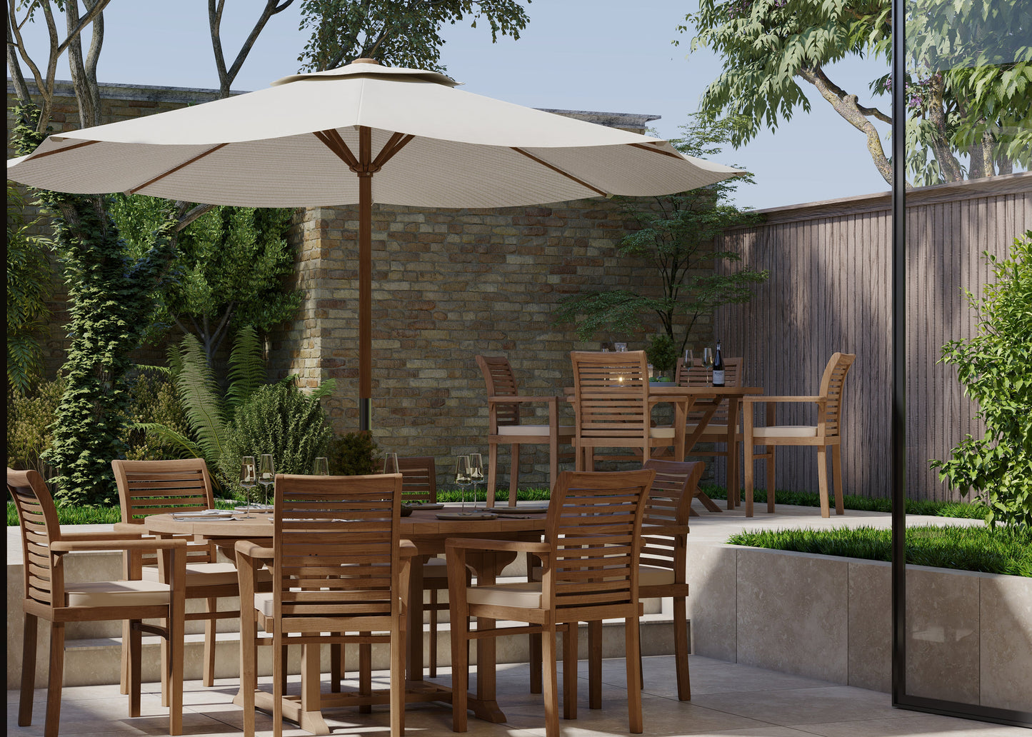 Teak Round to Oval 120-170cm Extending Table, 4cm Top (6 Oxford Stacking Chairs) cushions included.