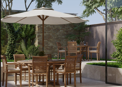 Teak Round to Oval 120-170cm Extending Table, 4cm Top (6 Oxford Stacking Chairs) cushions included.