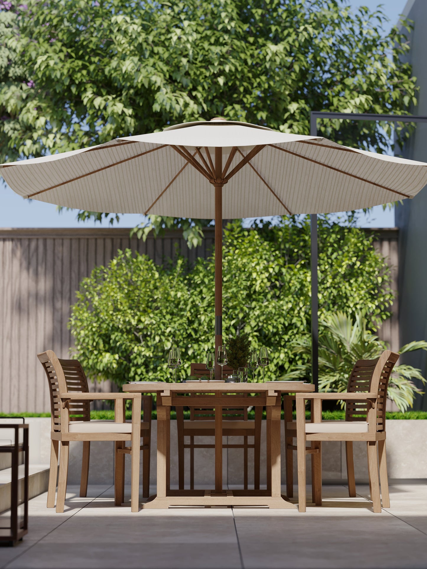 Teak Round to Oval 120-170cm Extending Table, 4cm Top (6 Oxford Stacking Chairs) cushions included.