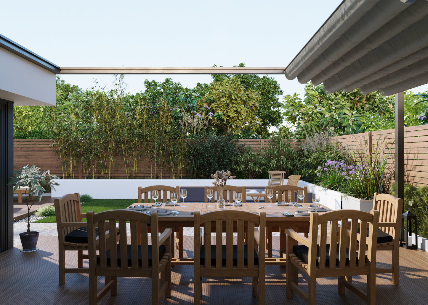 Teak 180-240cm Rectangle Extending Table 4cm Top (with 8 Warwick Chairs) Cushions included.