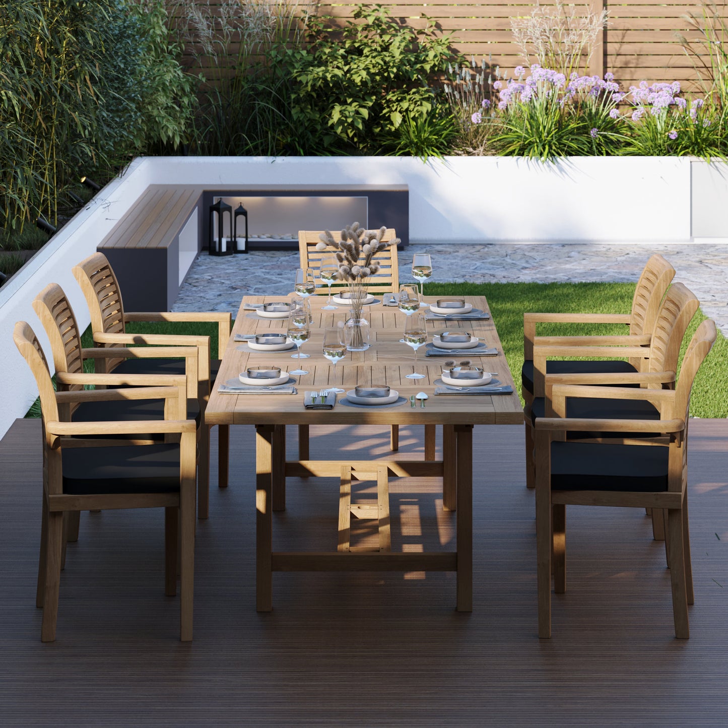 Teak Rectangle 180-240cm Extending Table 4cm Top (8 Oxford Stacking Chairs) Cushions included