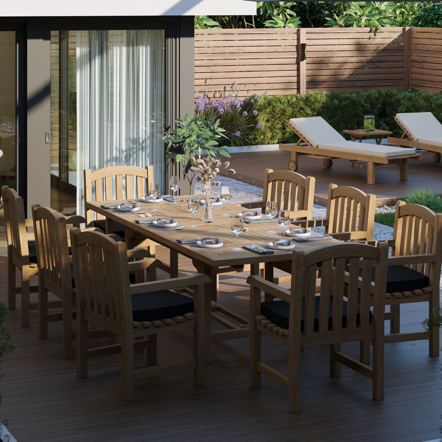 Teak 180-240cm Rectangle Extending Table 4cm Top (with 8 Warwick Chairs) Cushions included.