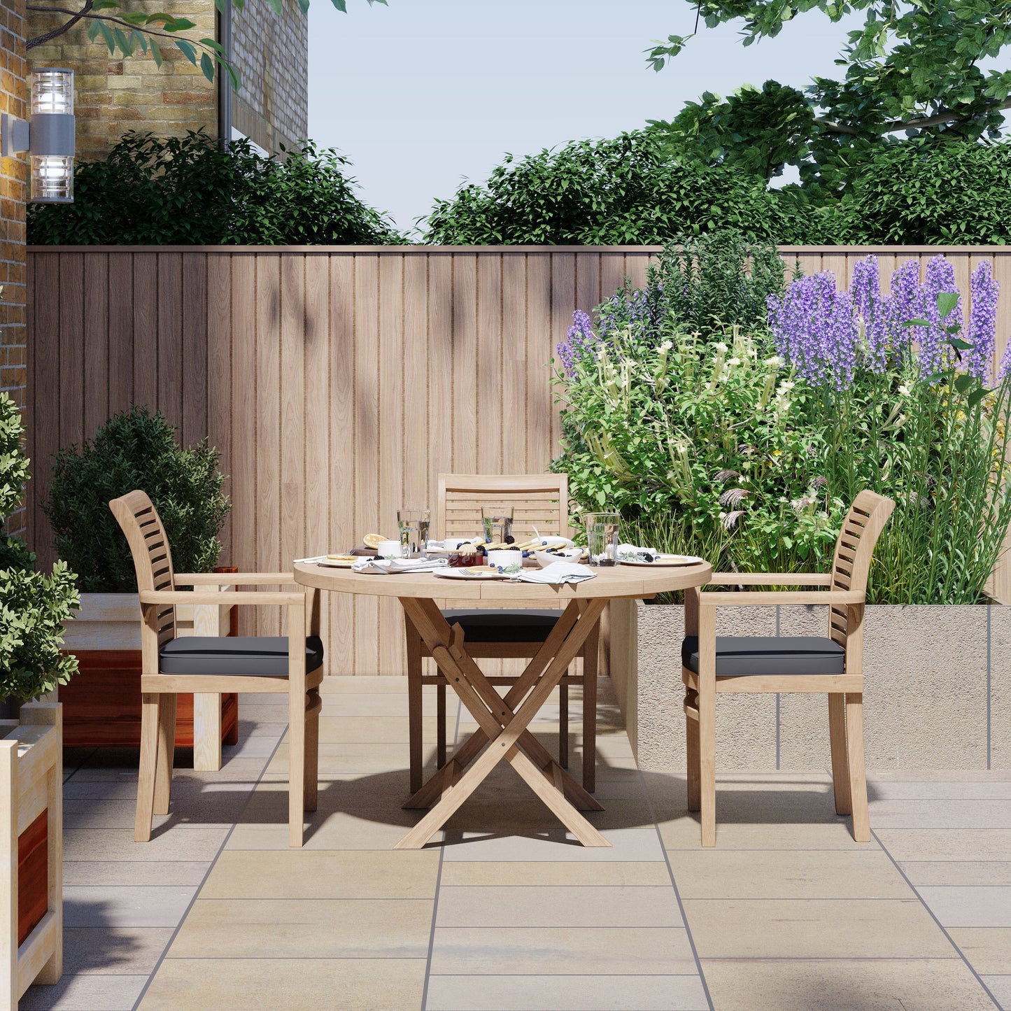 Teak Set 120cm Sunshine Round Folding Table with 4 Oxford Stacking Chairs