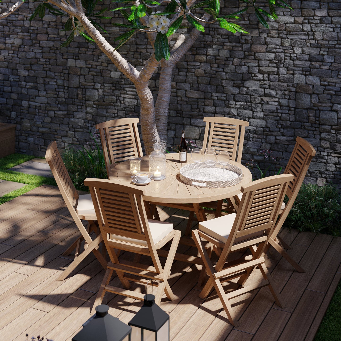 Teak 120cm Round Sunshine Folding Table with 6 Folding Chairs