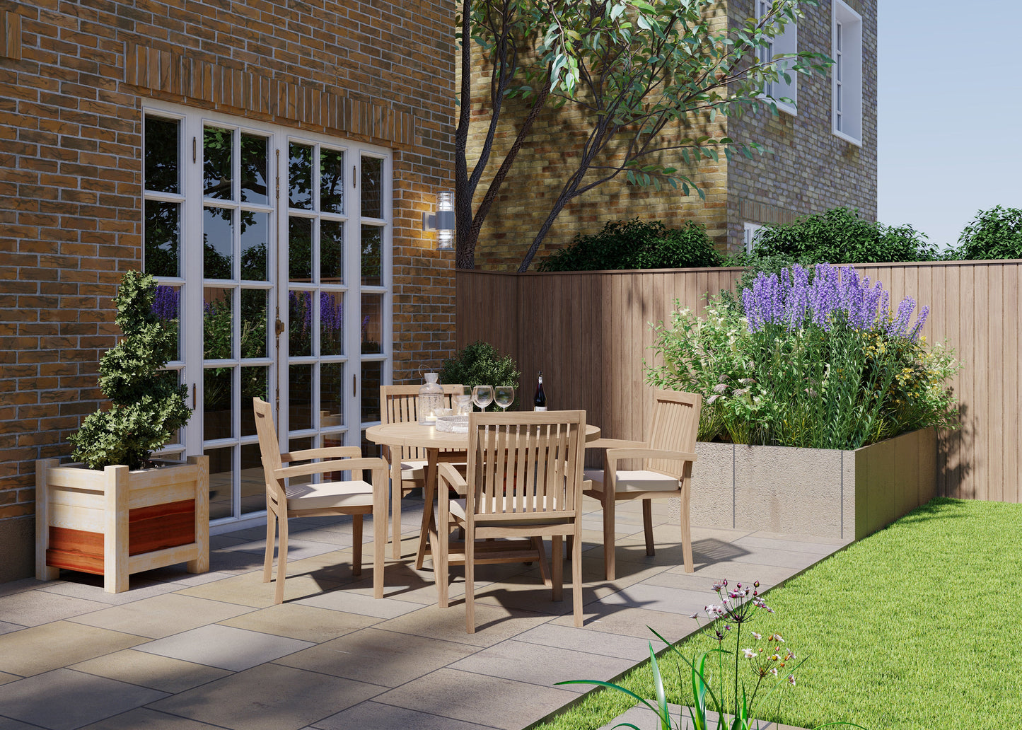 Teak Set 120cm Sunshine Round Folding Table with 4 Henley Stacking Chairs